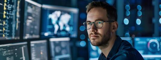 Concentrated IT Executive Reviewing Digital Metrics on Multiple Screens photo
