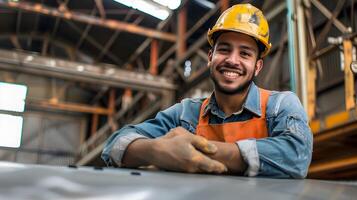 Confident and Hardworking Sheet Metal Worker Proudly Stands in Industrial Workshop photo