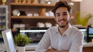 Cheerful Young Professional Smiling at Desk in Bright Office photo