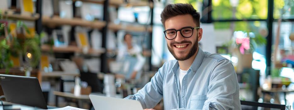 Cheerful Young Professional Collaborating on Computer in Cozy Workspace photo
