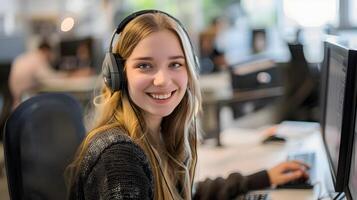Cheerful Young Professional Providing Helpful Tech Support at Desk photo