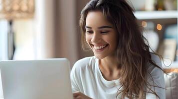 Cheerful Young Professional Working at her Desk with a Laptop photo