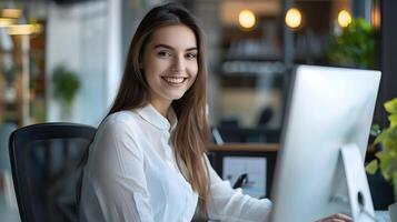 Cheerful Young Professional Working at Laptop in Modern Office Space photo