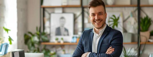 Confident Business Professional Smiling in Modern Office Environment photo