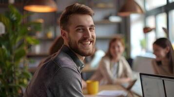 Cheerful Young Professional Collaborating with Coworkers in Trendy Office Setting photo