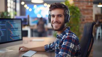Cheerful Young Professional Developer Working at Office Desk with Laptop Computer photo