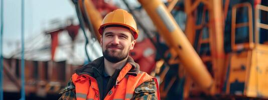 Confident Construction Operator Surveying Industrial Worksite with Heavy Machinery photo