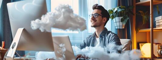 Confident Cloud Architect Working Diligently on Laptop in Bright Home Office photo