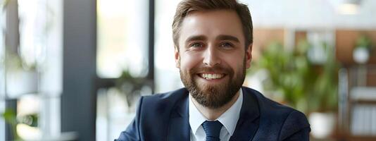 Confident Corporate Manager Smiling in Professional Office Setting photo