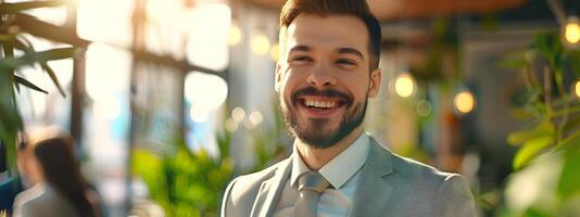 Confident Corporate Professional Smiling in Modern Office Setting photo