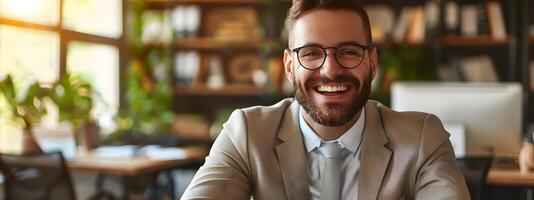 Confident Businessman Working Efficiently on Laptop in Coworking Office photo