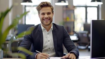 Confident Professional Businessman Smiling at Desk in Office Environment photo