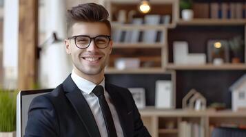 Confident Young Businessman Smiling in Modern Office with Shelves and Decor photo