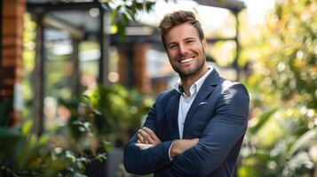 Confident Young Businessman Stands Smiling in Natural Outdoor Setting photo