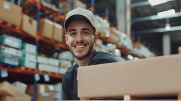 Enthusiastic Shipping and Receiving Worker Handling Packages in Warehouse photo