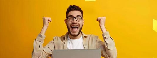 Elated Young Business Professional Celebrates Success at Work with Laptop photo