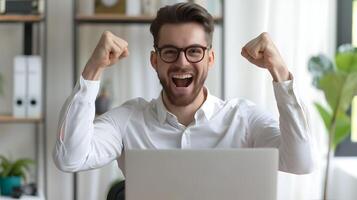 Enthusiastic Young Business Professional Celebrating Successful Work Performance photo
