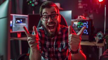 Enthusiastic IT Professional Celebrates Accomplishments at Vibrant Workstation photo