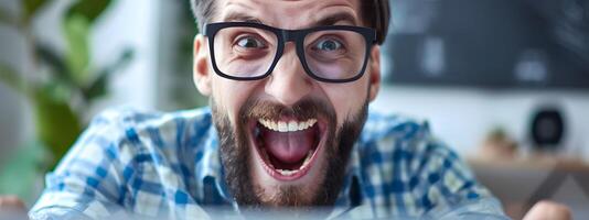 Excited Young Data Analyst Enthusiastically Working with Computer at Office Desk photo