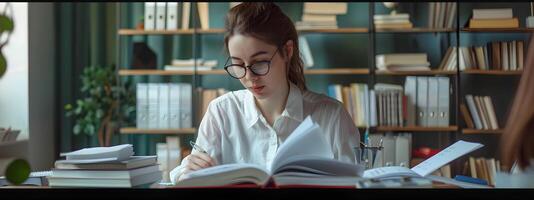 Focused Young Professional Deeply Immersed in Studying and Research at Office Workspace photo