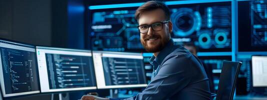 Focused Information Security Analyst Diligently Monitoring Systems in High Tech Workspace photo