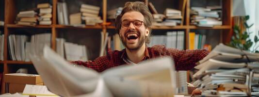 Enthusiastic Young Bookkeeper Passionately Working in His Organized Office with Bookshelves Behind Him photo