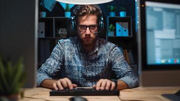 Focused IT Professional Providing Technical Support at Computer Workstation photo