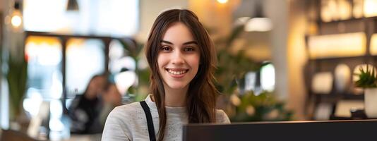 Friendly and Efficient Young Receptionist Welcoming Visitors in Modern Office Environment photo
