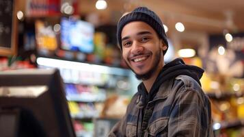 Friendly Cashier Assisting Customers in Retail Environment photo