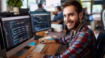 Focused Young SQL Developer Happily Working at Desk photo