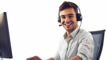 Friendly and Helpful Young Professional Assisting Customers at Desktop Computer photo