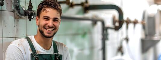 Friendly Plumber in Uniform Happily Performing Maintenance Work photo