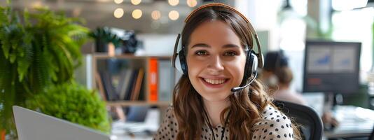 Friendly Customer Support Representative Smiling at the in a Tech Savvy Workspace photo