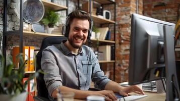 Friendly IT Support Professional Providing Excellent Service at Workstation photo