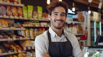 Friendly Retail Store Manager Assisting Customers in a Supermarket photo