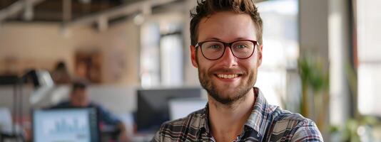 Confident Young Technology Professional Smiling in Office Environment photo