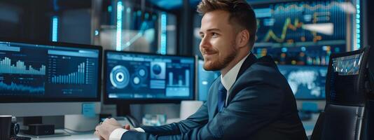 Confident Young Analyst Examining Financial Data and Charts on Multiple Screens in Modern Office Environment photo