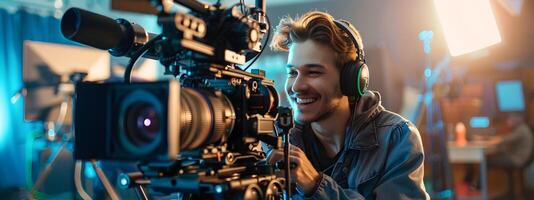 Enthusiastic Young Filmmaker Capturing Cinematic Moments in a Professional Studio Setting photo