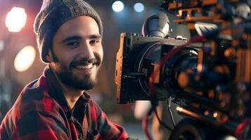 Enthusiastic Young Filmmaker Capturing the Scene with Cinematic Fervor photo