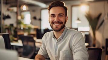Confident Young Professional Smiling in Modern Office Setting photo