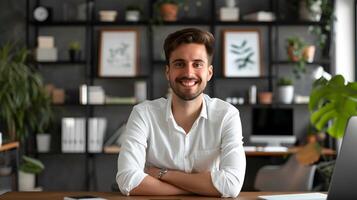 Confident Young Director of Inside Sales Smiling in Modern Office photo