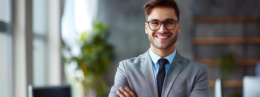Confident Young Corporate Executive Posing Proudly in Office Environment photo