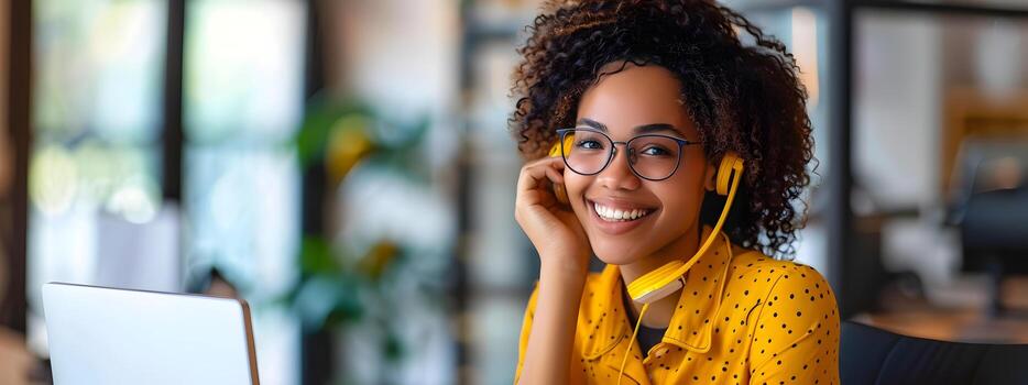 Confident Young Professional Embracing Technology and Teamwork in a Modern Office Setting photo