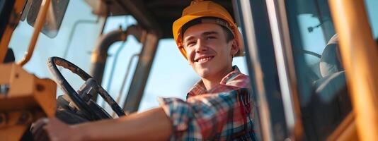 Confident Heavy Equipment Operator Smiling While Steering Excavator on Construction Site photo
