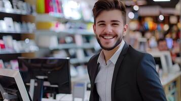 Enthusiastic Young Professional Providing Excellent Customer Service in Retail Setting photo
