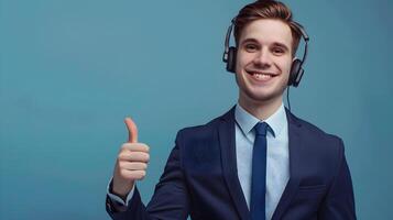 Confident Young Professional in Suit Providing Helpful Customer Service with Headset photo