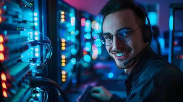 Enthusiastic Young Network Administrator Working Diligently in Data Center photo