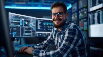 Confident Young Technical Specialist Enthusiastically Working at Office Computer Station photo