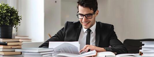 Diligent Young Professional Efficiently Managing Financial Documents in Office Environment photo