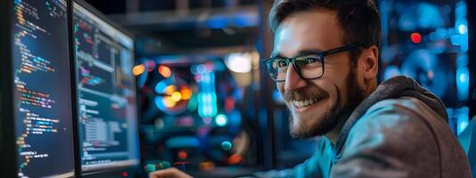Driven and Accomplished Technical Specialist Engrossed in Coding and Software Development at a Dynamic Tech Workspace photo